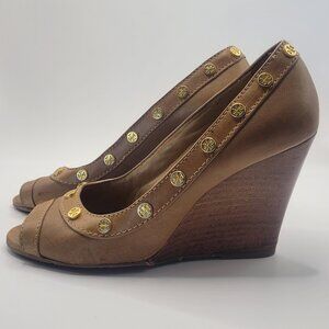 Tory Burch Tan Brown Leather Open Toe Gold Logo Trim Stacked Wedge Heel